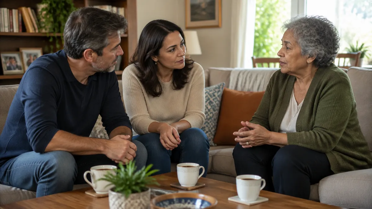 Família conversando com calma em casa.