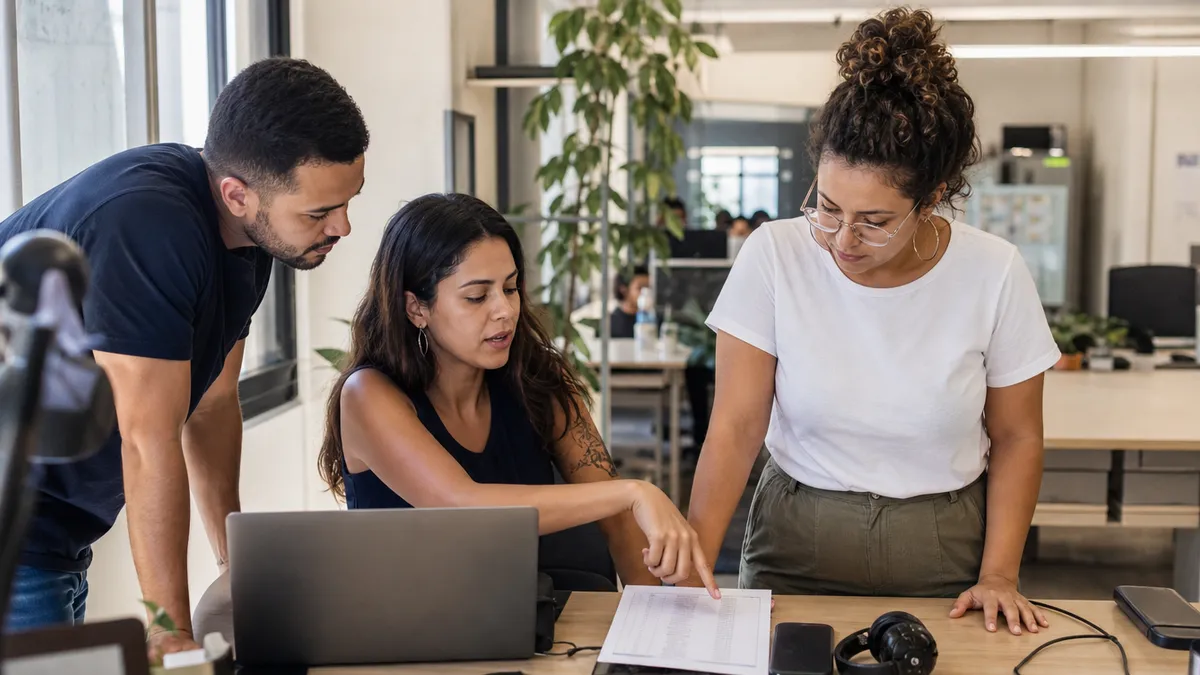 Colaboradores em escolha cotidiana / conversa de equipe no trabalho.