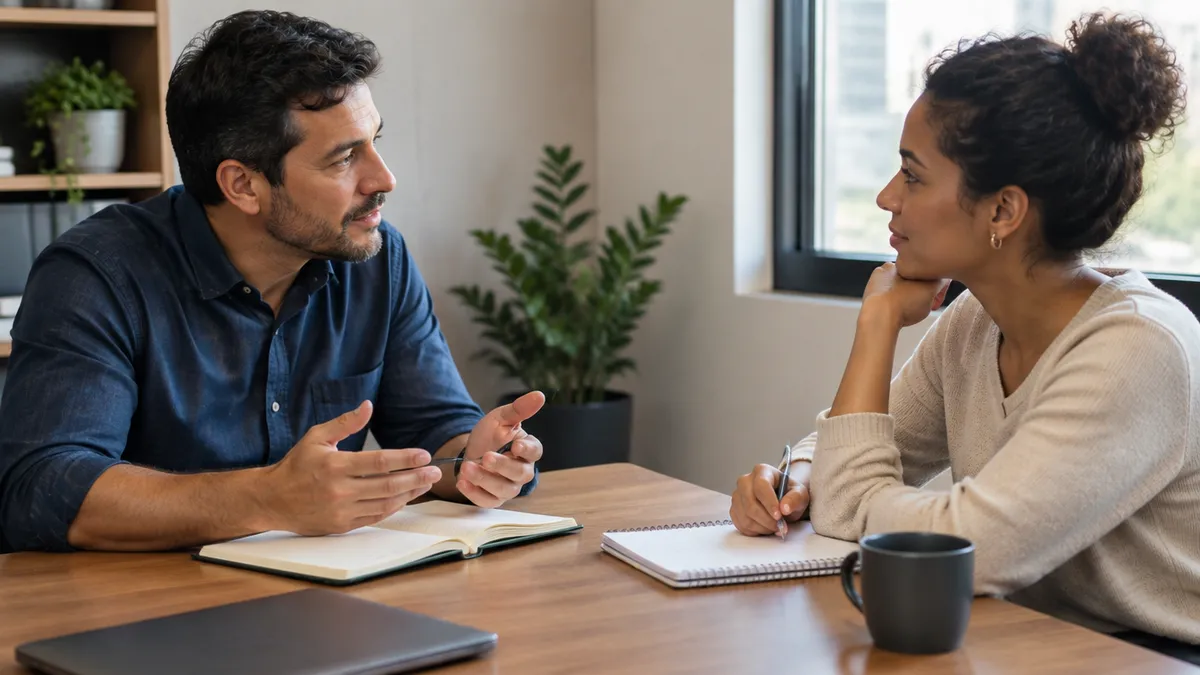 Gestor e colaborador em conversa construtiva.