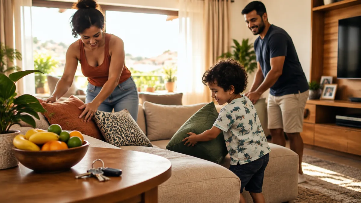 Família em casa aconchegante / chaves na mesa.