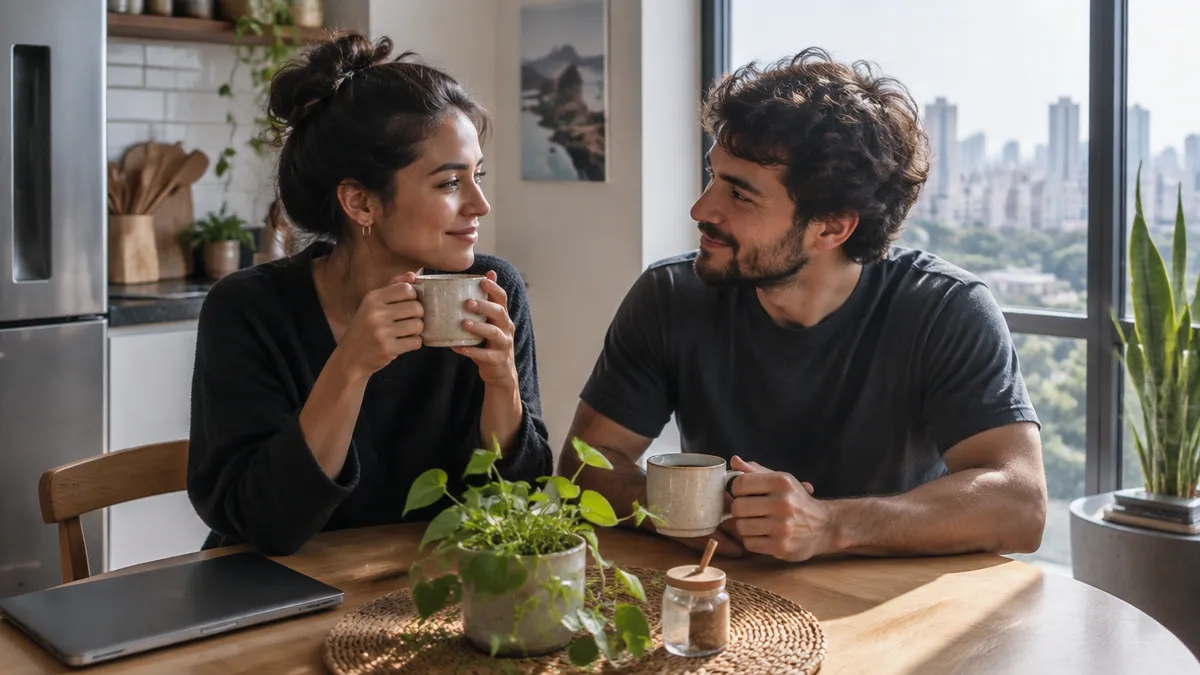 Casal no cotidiano (café, apartamento).