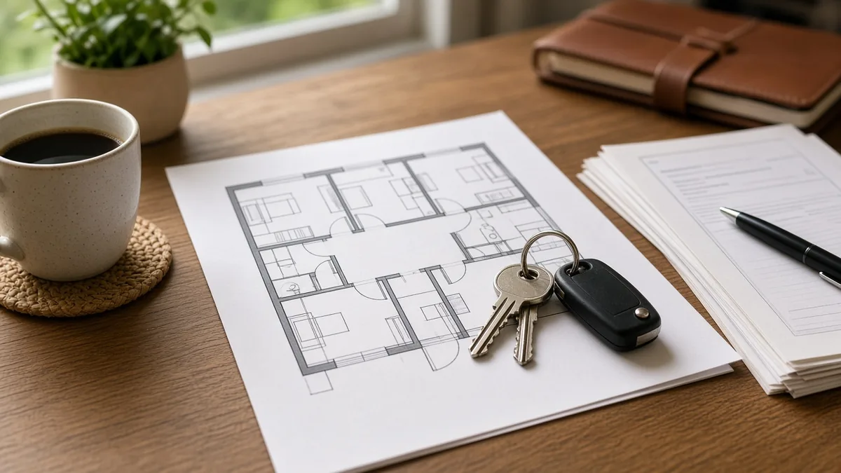 Planta e chave sobre a mesa com documentos, planejamento de consórcio imobiliário no cotidiano.