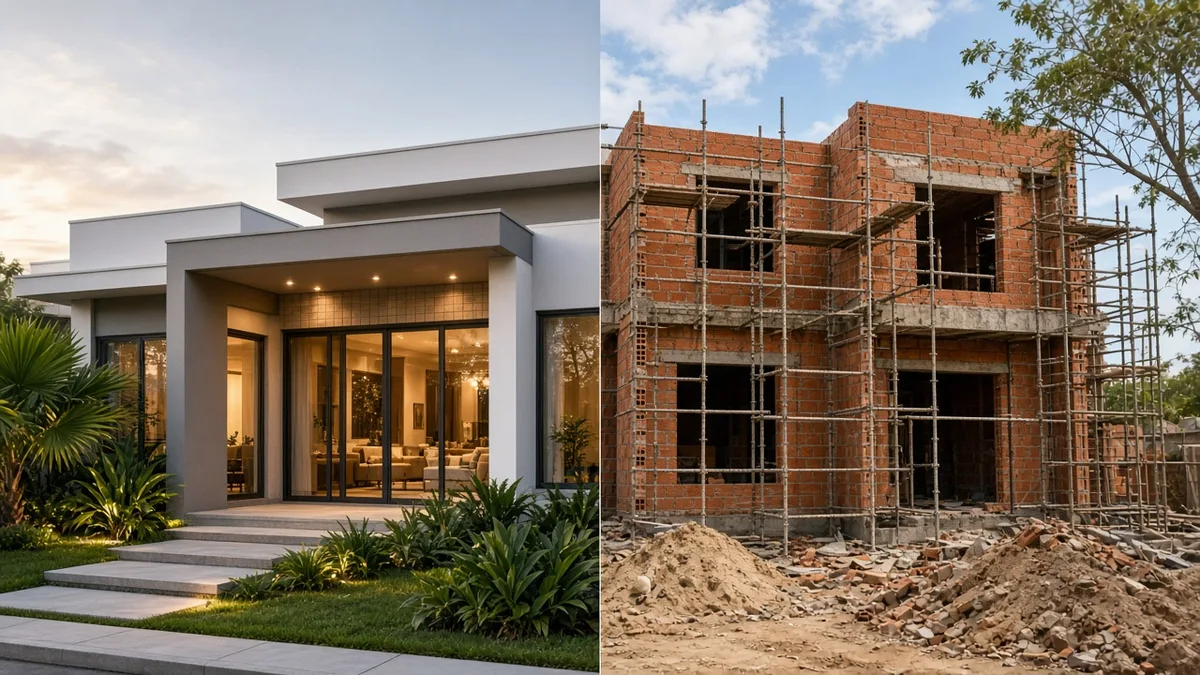 Comparativo visual entre canteiro de obra e casa pronta.