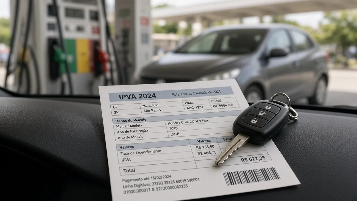 Recibo e documentos de IPVA e seguro ao lado de um carro no cotidiano.