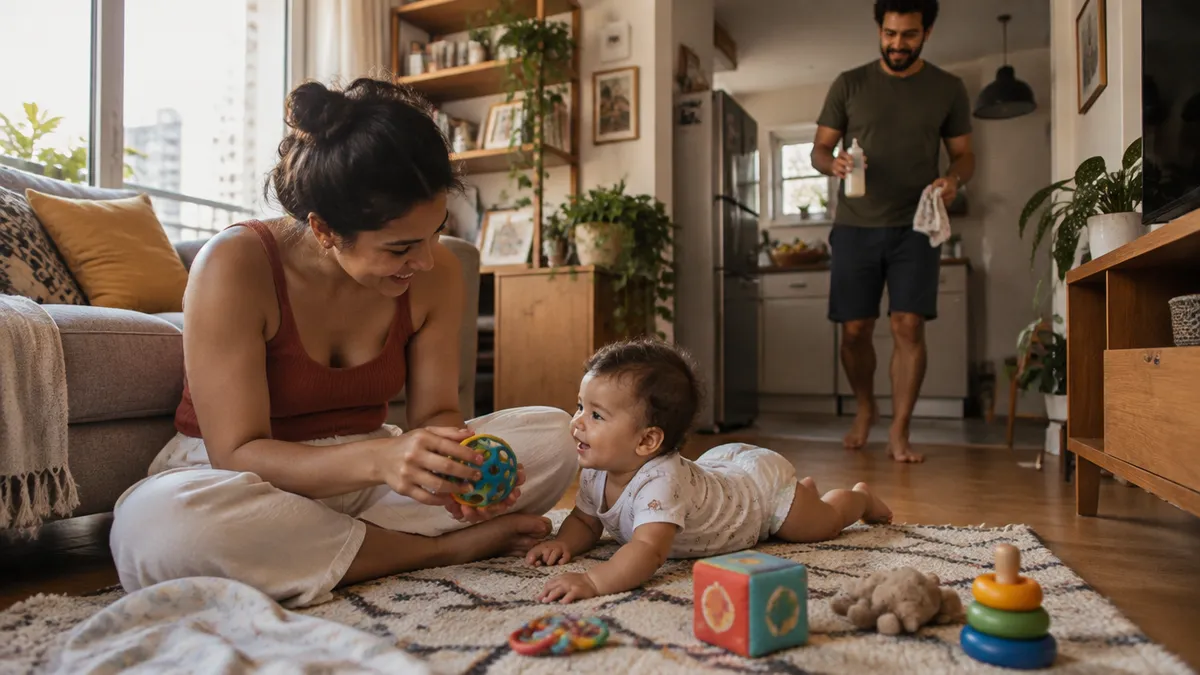 Família com bebê e criança no cotidiano.