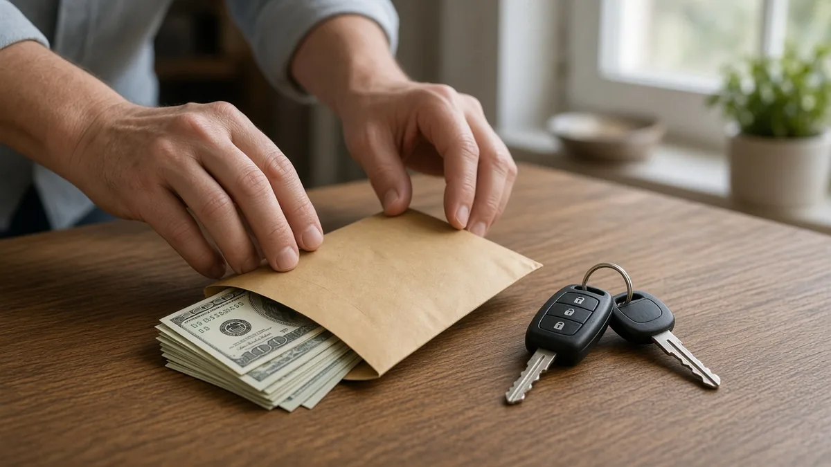 Mãos com envelope de dinheiro e chave de carro sobre a mesa, planejando a entrada sem zerar a reserva.