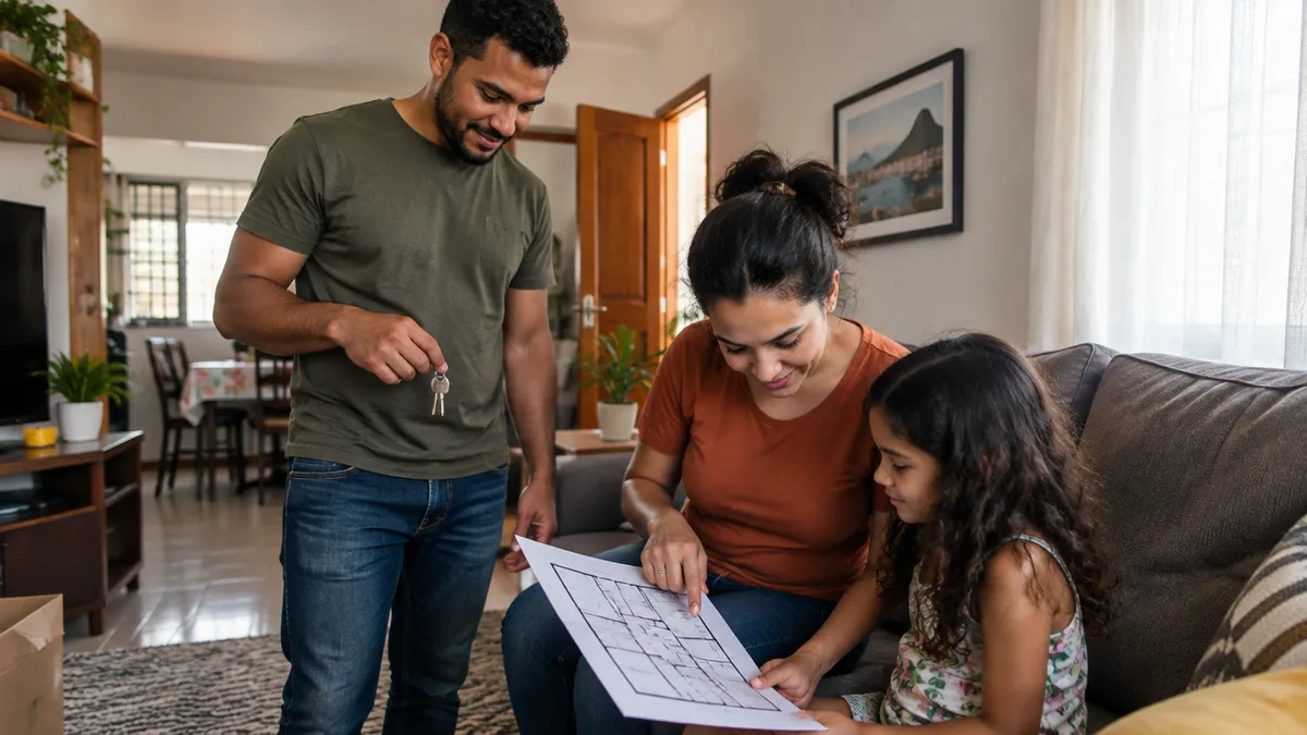 Família em casa com chaves e planta.