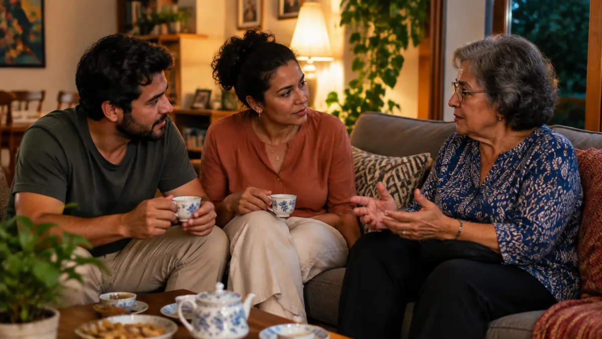 Família em conversa calma em sala.
