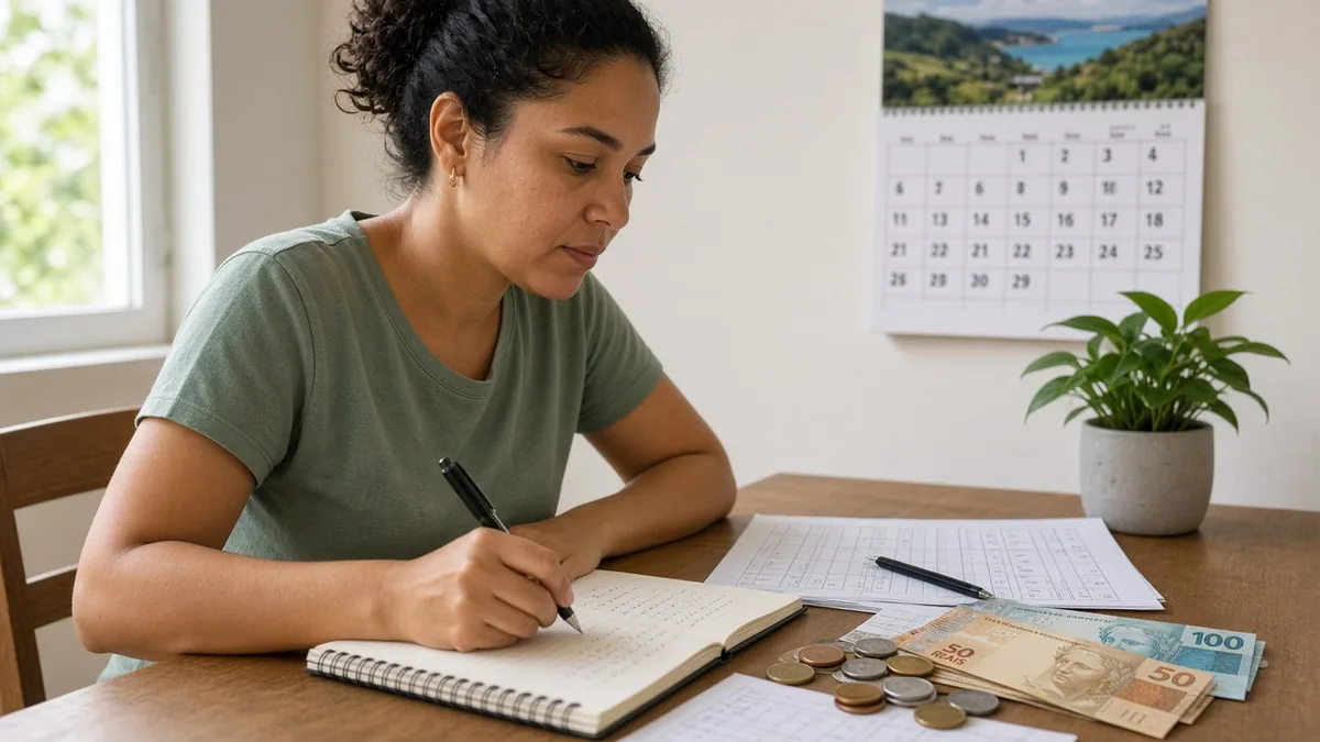 Pessoa calcula em caderno com calendário e dinheiro na mesa, planejando lance e contemplação.