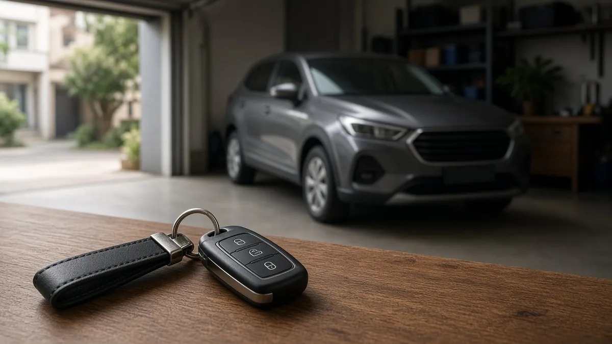 Carro na garagem residencial e chave na mão, troca planejada no cotidiano.