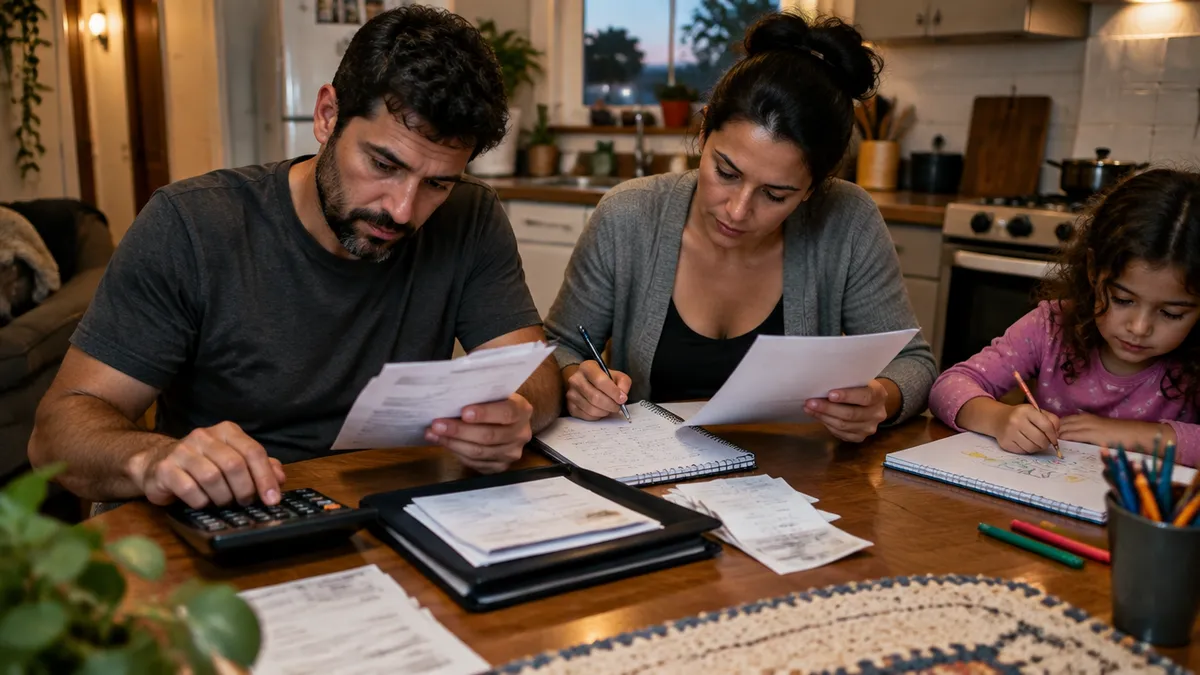 Família em casa organizando rotina e contas.