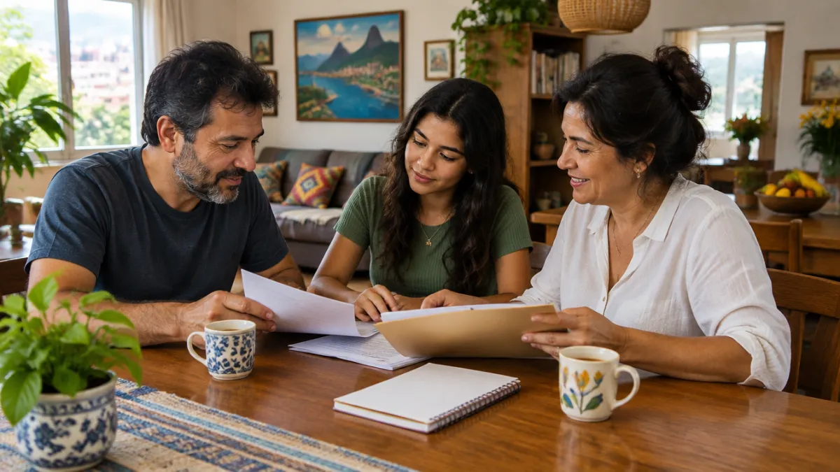 Família em casa com documentos/organização calma.