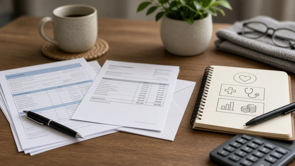 Documentos e organização financeira em mesa doméstica (sem logo de operadora).