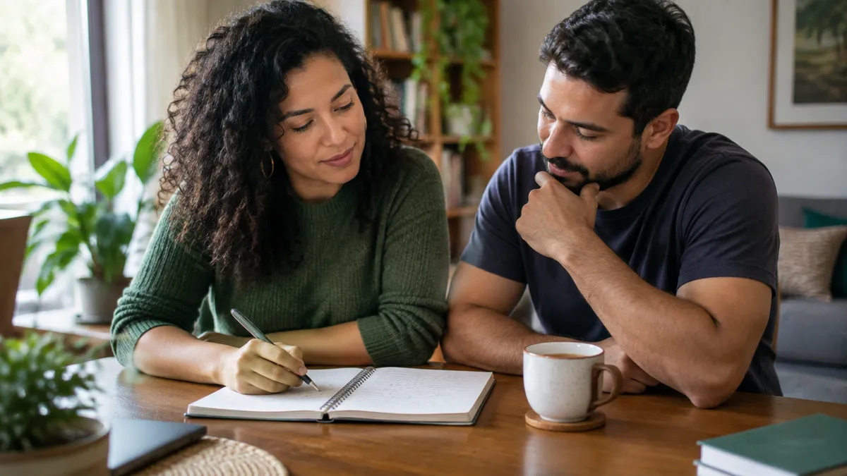 Pessoa ou casal organizando prioridades em casa (caderno, chá).