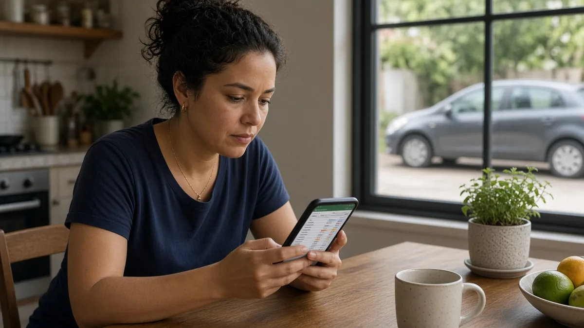 Pessoa consulta o celular com um carro ao fundo no cotidiano, planejando qual carro a renda comporta.
