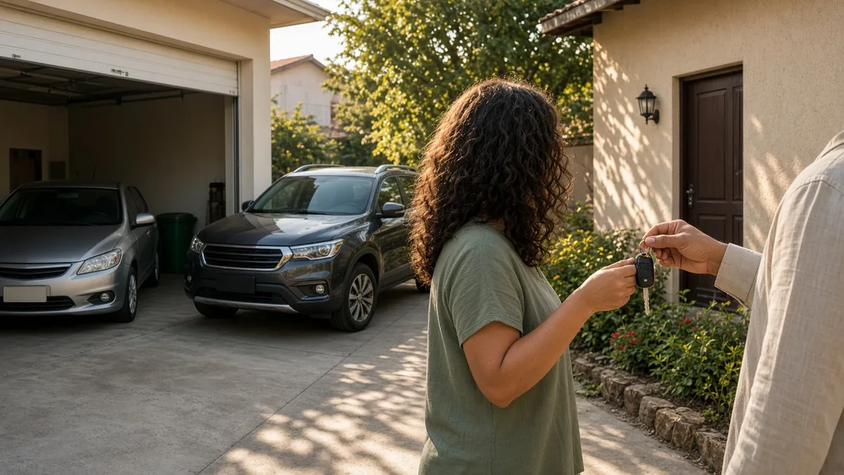 Troca de chave entre carro antigo e novo na garagem residencial.