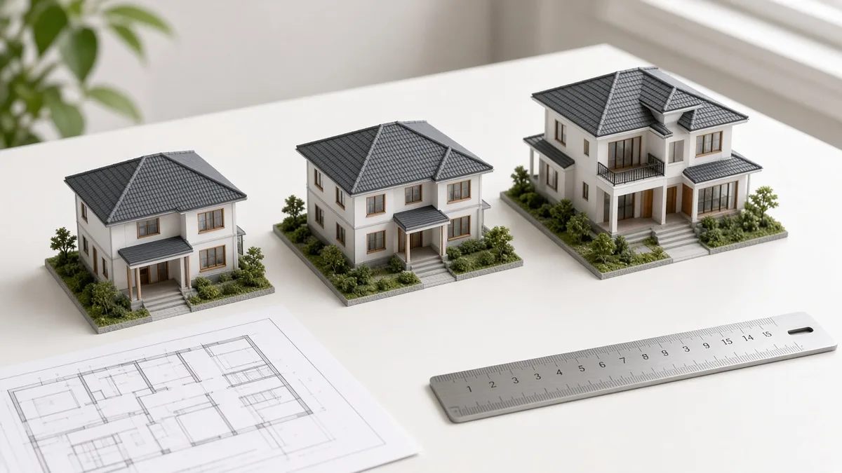 Representação de casas em escalas de 100, 150 e 200 m² para comparar custos.