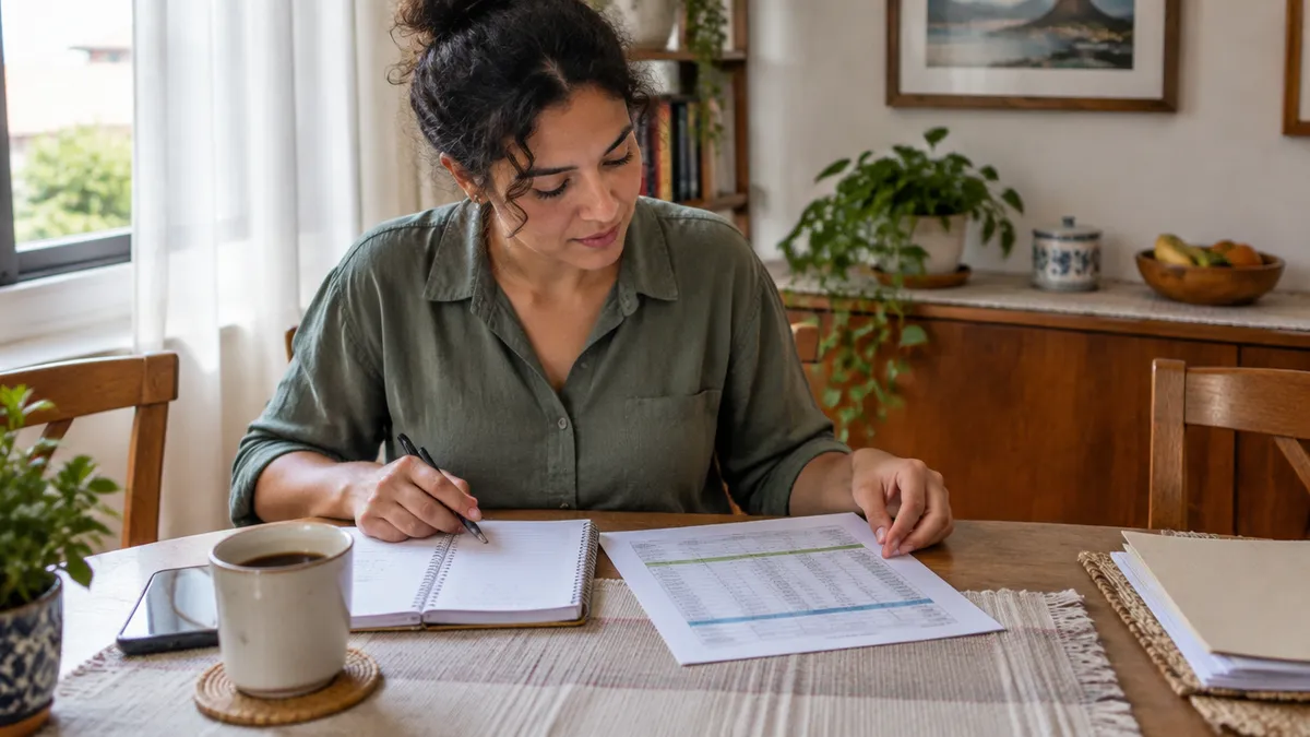 Pessoa com caderno/planilha simples em mesa caseira.