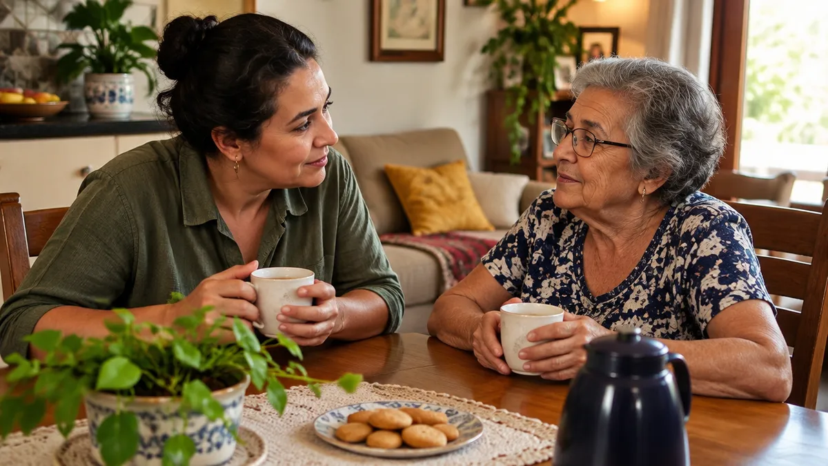 Adulto e familiar idoso em conversa leve em sala/cozinha.