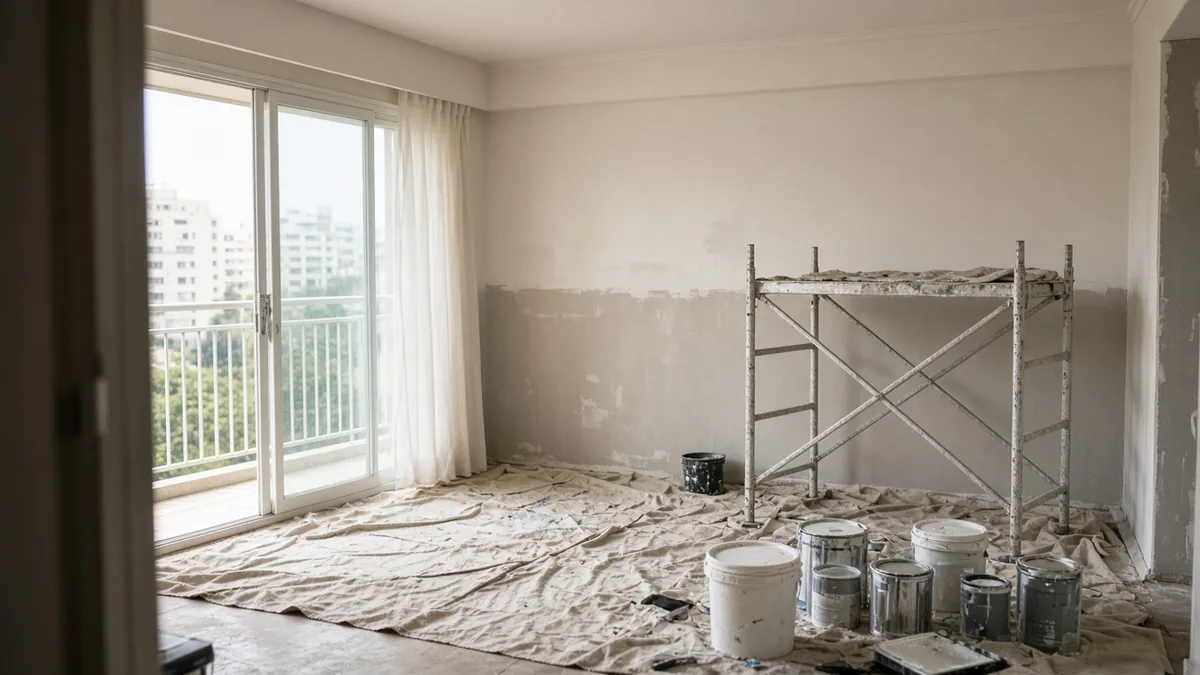 Cômodo em reforma real com tinta e obra em apartamento brasileiro.