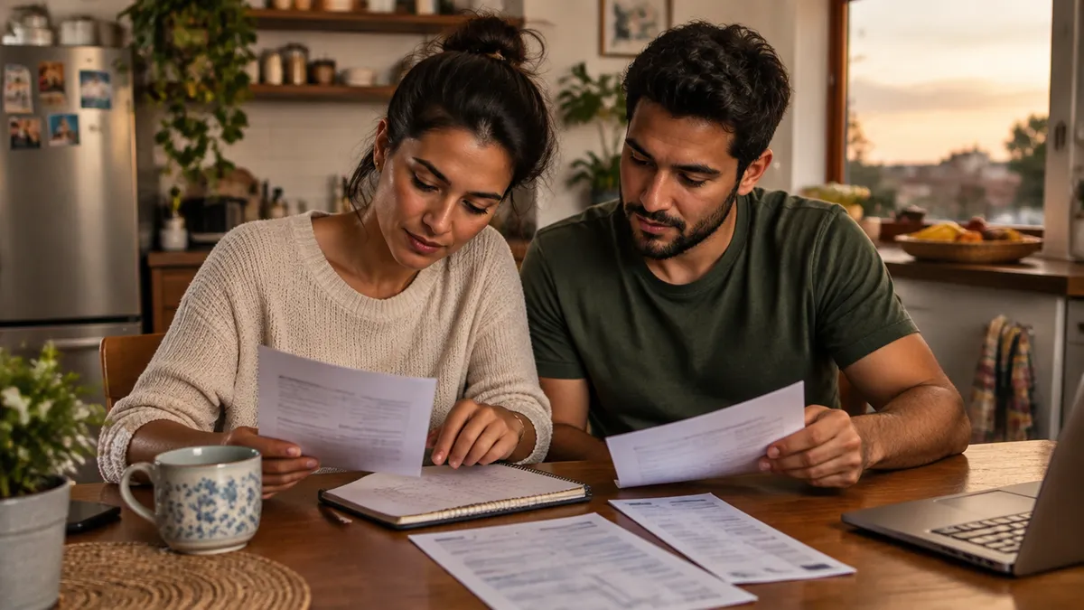 Casal ou pessoa em cozinha/sala revisando contas com calma.