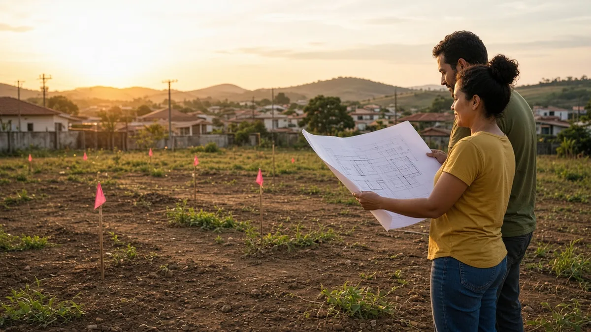 Casal analisa planta no terreno antes de começar a construção.