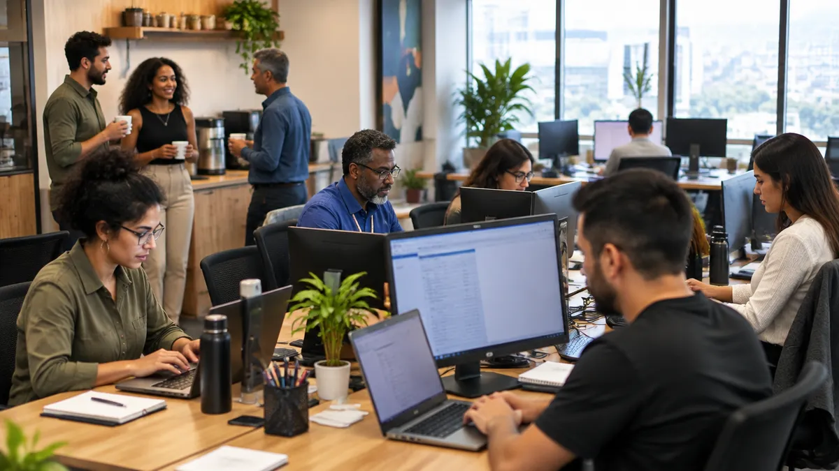 Ambiente de trabalho com pessoas diversas.
