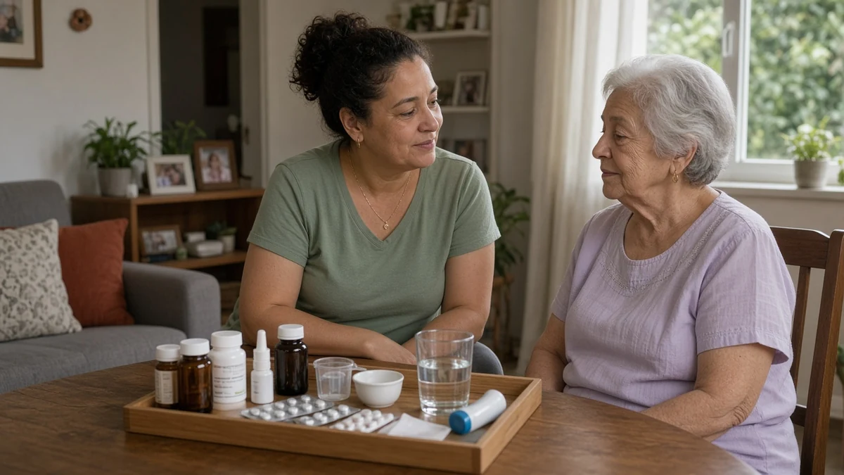 Rotina familiar sob cuidado (mesa, remédios organizados, alguém acompanhando em casa).
